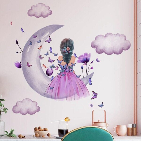Advait Design Cute Girl on Moon with Butterflies Wall Sticker - Image 5