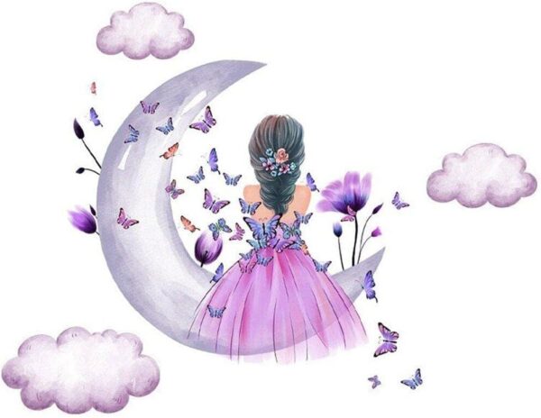 Advait Design Cute Girl on Moon with Butterflies Wall Sticker - Image 2