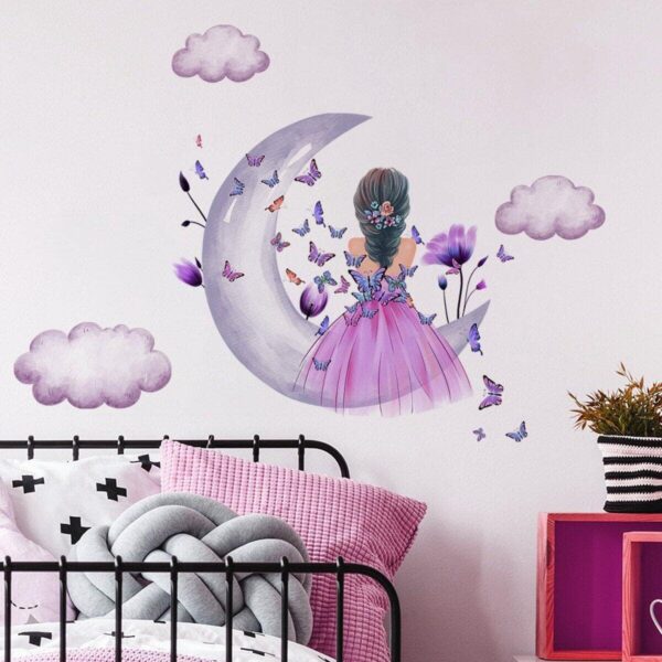 Advait Design Cute Girl on Moon with Butterflies Wall Sticker - Image 4