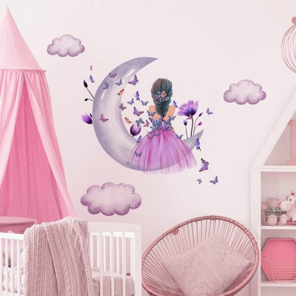 Advait Design Cute Girl on Moon with Butterflies Wall Sticker - Image 3