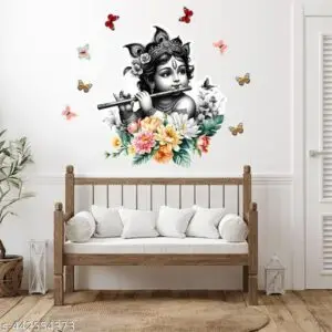 Bal Krishna Flute Flower and Butterfly Wall Sticker