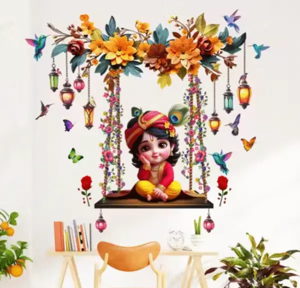 Design Zoo Little Krishna Ji with Butterflies & Flowers Wall Sticker