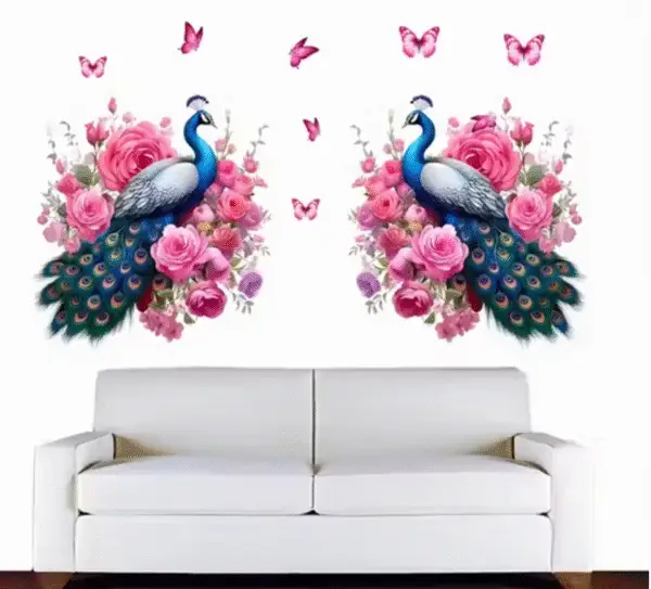 Decorative 2 Peacock With Pink Flower Wall Sticker