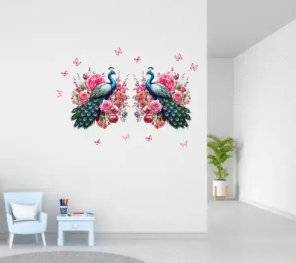 Decorative 2 Peacock With Pink Flower Wall Sticker - Image 2