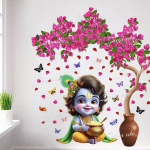 Little Lord Krishna Wall Sticker – With Pink Tree & Butter Pot | 32.5x36.5 inch