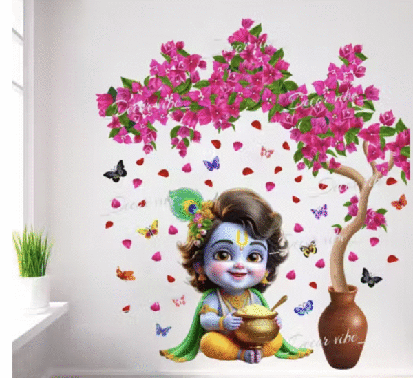 Little Lord Krishna Wall Sticker – With Pink Tree & Butter Pot | 32.5x36.5 inch