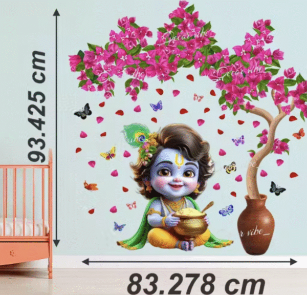 Little Lord Krishna Wall Sticker – With Pink Tree & Butter Pot | 32.5x36.5 inch - Image 2