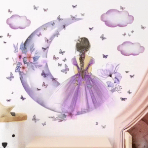 Advait Design Cute Girl on Moon with Butterflies Wall Sticker