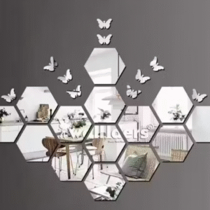 14-Piece Silver Hexagon Acrylic Mirror Wall Stickers – Modern Geometric Decor