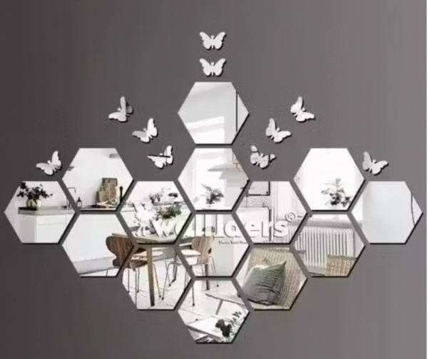14-Piece Silver Hexagon Acrylic Mirror Wall Stickers – Modern Geometric Decor